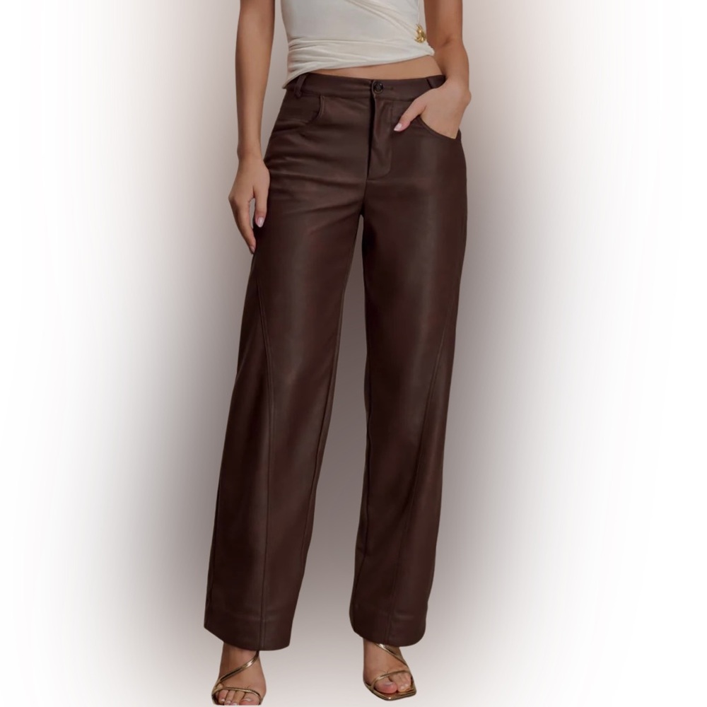 MESHKI Women's Faux Leather Brown Wide-Leg Pants
